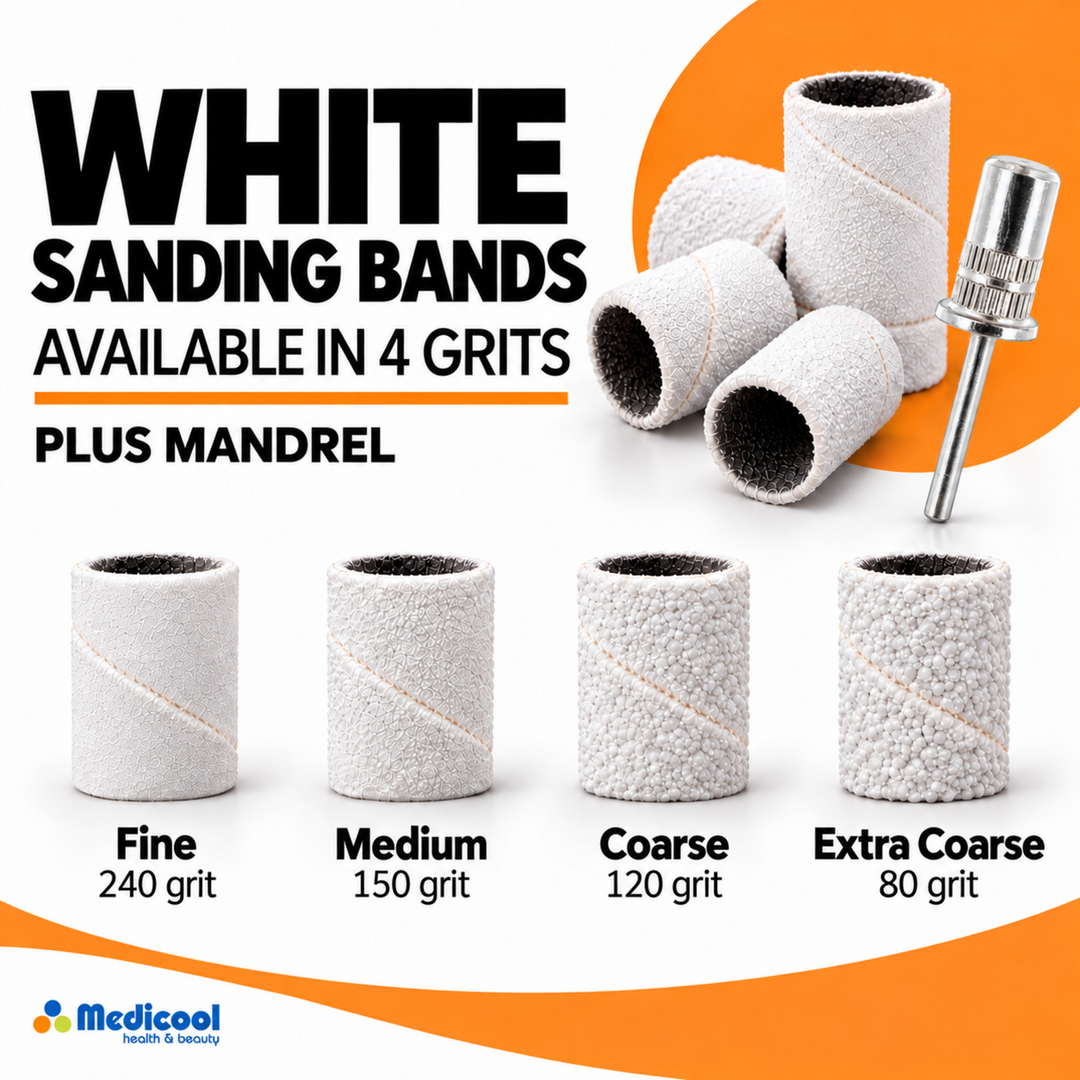 White Sanding Bands and Mandrel Bundle-(Fine,MD,Coarse,XCoarse) - Medicool