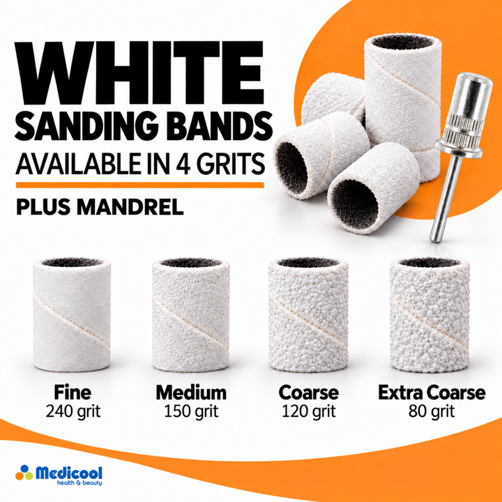 White Sanding Bands and Mandrel Bundle-(Fine,MD,Coarse,XCoarse) - Medicool