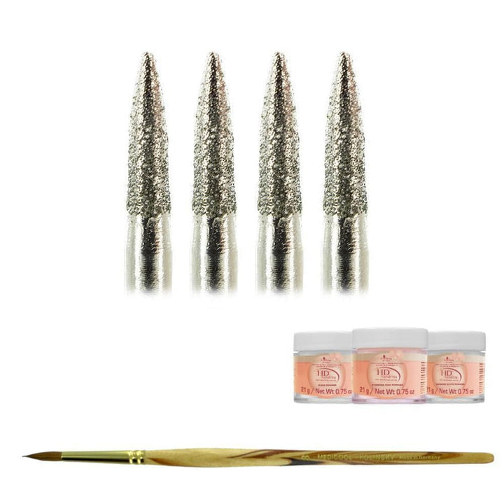 Diamond Micro Oval Bit -LB3- 4 Pack for Nails + Kolinsky Brush + Acrylic Powder - Medicool