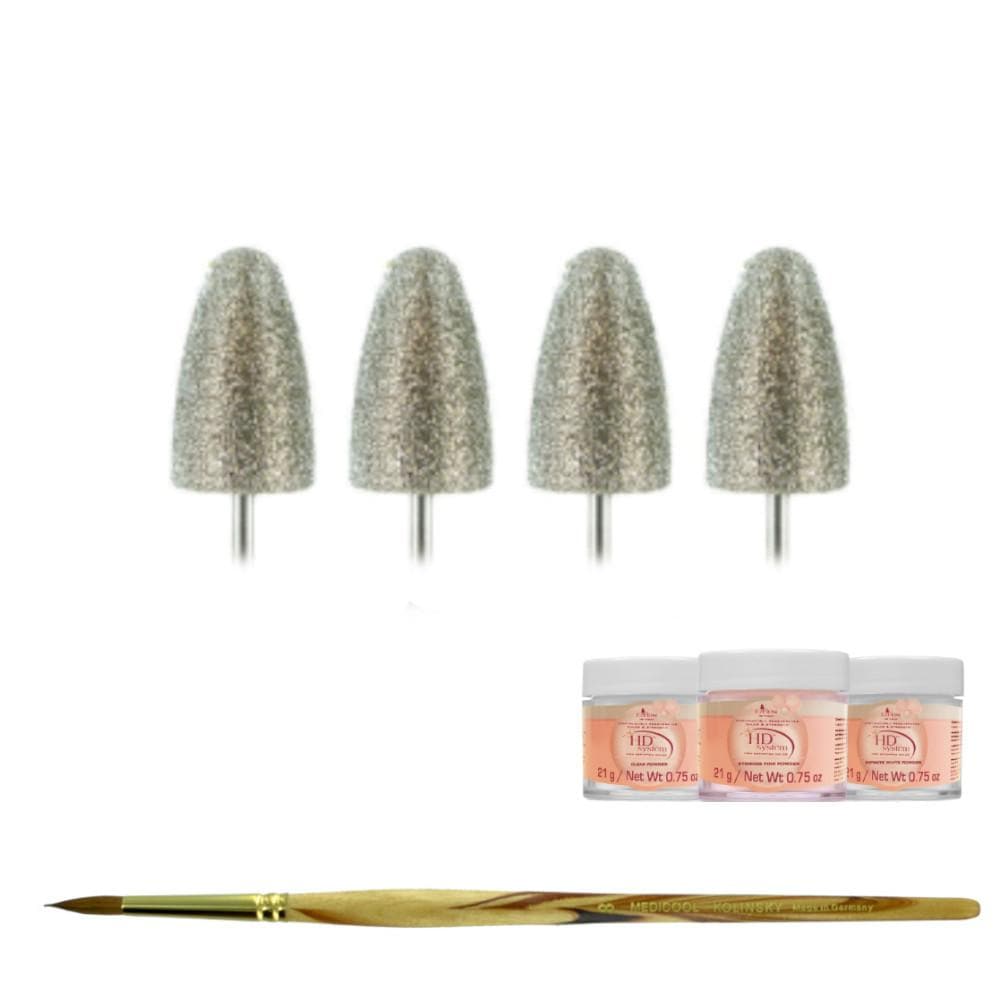 Diamond Pedicure Cone - 4 Pack for Nails + Kolinsky Brush + Acrylic Powder - Medicool