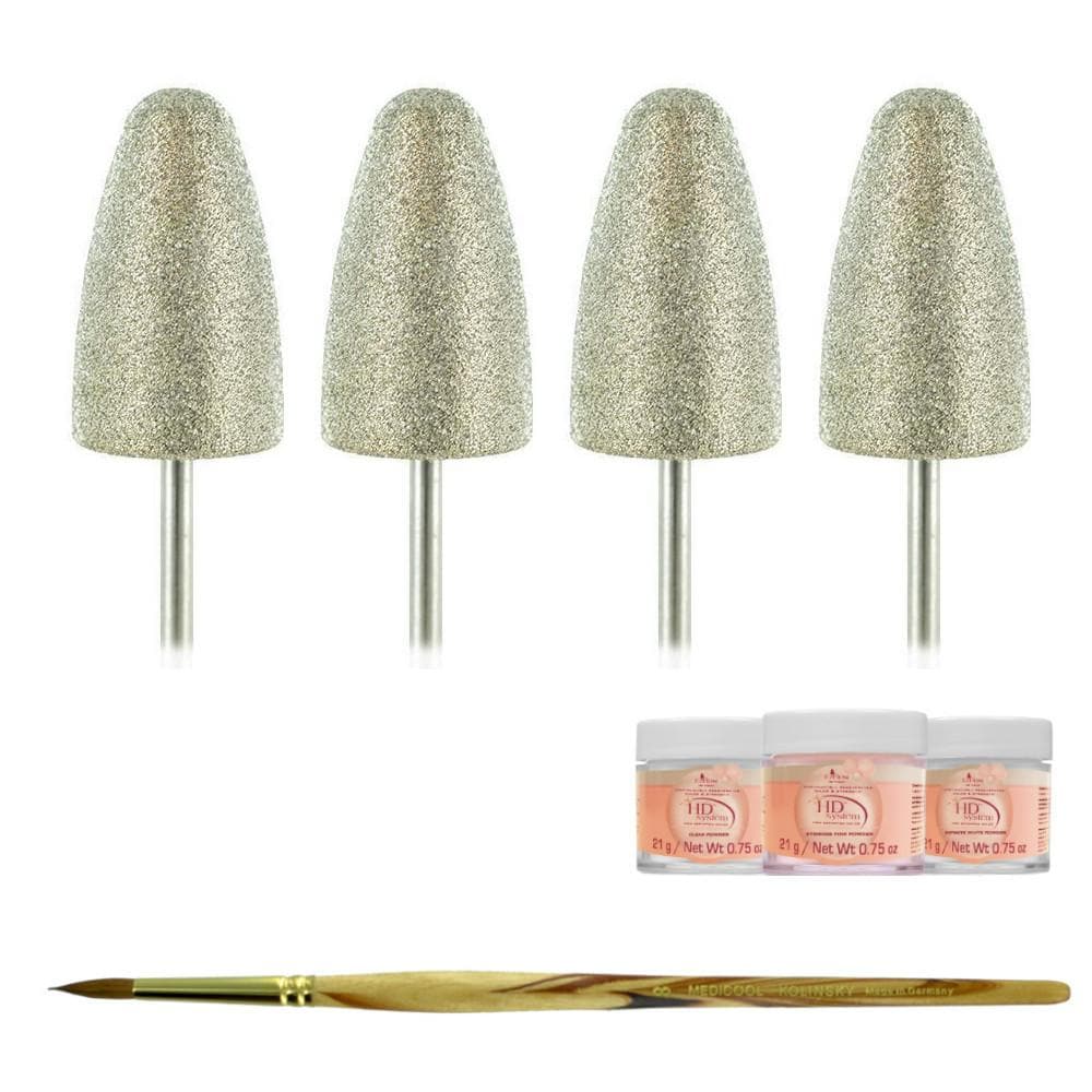 Diamond Pedicure Cone - 4 Pack for Nails + Kolinsky Brush + Acrylic Powder