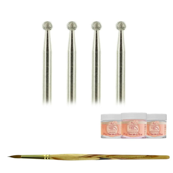 Diamond Pedicure Small Ball Bit -B3- 4 Pack for Nails + Kolinsky Brush + Acrylic Powder