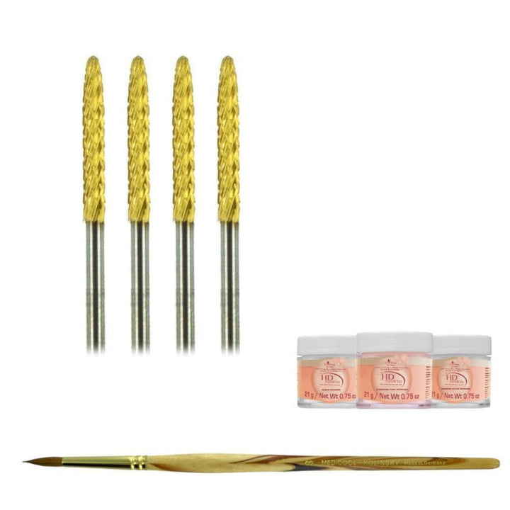 Gold Carbide Tapered Cone Bit -CC4- 4 Pack for Nails + Kolinsky Brush + Acrylic Powder